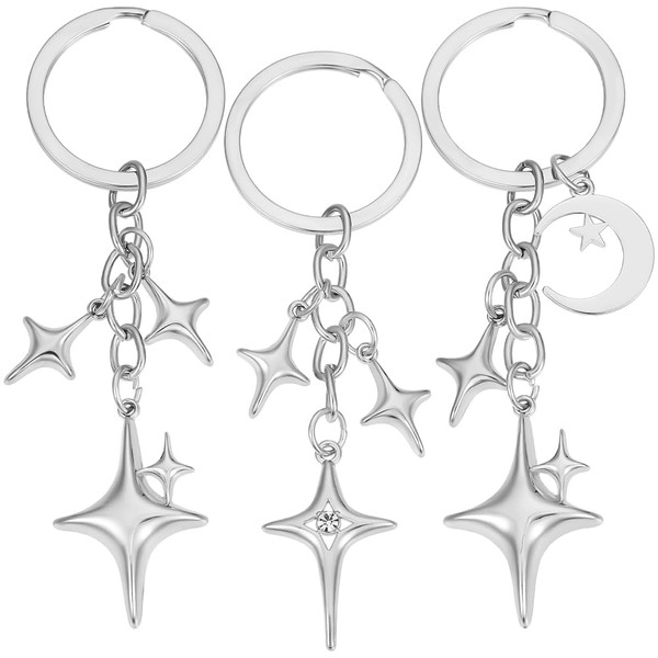 Beebeecraft 3Pcs 3 Styles Star Moon Keychain Alloy Aesthetic Silver