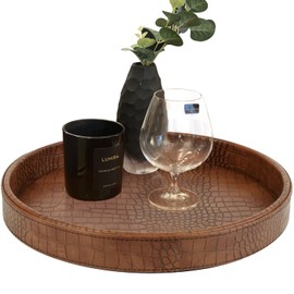 HofferRuffer Faux Leather Round Serving Tray, Vegan Croco Leather Decorative Food Tray for Storage Drinks, Snack & Cosmetics, Dia.12'' x 1.6'' (Antique Brown)