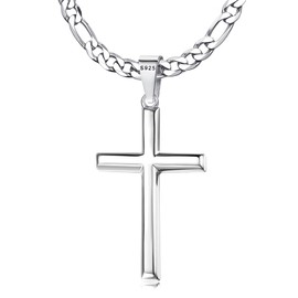 MILACOLATO 925 Sterling Silver Cross Necklace for Men Women, 5mm Durable Stainless Steel Diamond-Cut Figaro Chain with Beveled Edge Sterling Silver Cross Pendant, Mens Silver Crucifix Cross Necklaces Jewelry 16 Inches