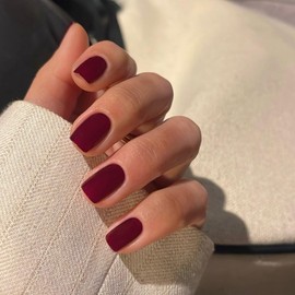 48Pcs Matte Burgundy Red Press on Nails Short Square, Dark Red Glue on Gel Nails, Acrylic Stick on False Nails for Women, Natural Handmade Extra Short