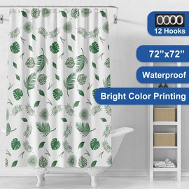 Shower Curtain Liner with 12 Plastic Hooks, 72x72 Inch Plastic Shower Curtain Liner for Shower Stall & Bathtubs, Bathroom Curtains Shower Curtain and Liner Set (Green Leaf)
