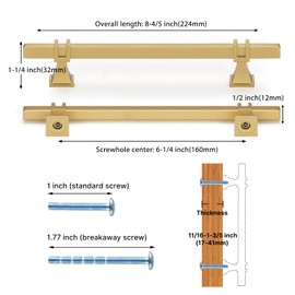 Haliwu 20 Pack Gold Cabinet Pulls, 6-1/4 inch Brushed Brass Kitchen Handles Square Dresser Drawer Hardware