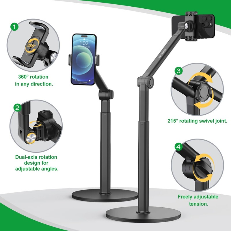 Overhead Phone Stand for Desk, Heavy Duty Aluminum Overhead Phone