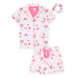 Sleep On It Girls Pajamas Button down Short Sleeve Collared Coat Set, Summer Pajamas for girls sleepwear Pink Roses