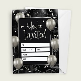 Kirsten McMillan 32 Black Silver Balloons Party Invites - Party Invitations Adult - A6 Birthday Party Invitations with Envelopes – Designed and Printed in the UK