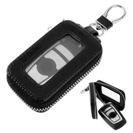 Amabro Leather Car Key Fob Case, Car Key Holder with Metal Hook and Key Ring, Zip Pocket, Transparent Window, Car Key Case Protection for Men and Women, black