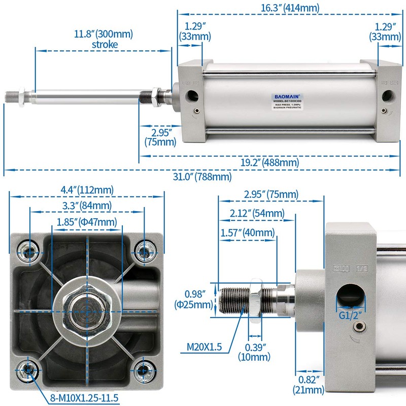 Baomain Pneumatic Air Cylinder SC 100 x 300 PT1/2; Bore: