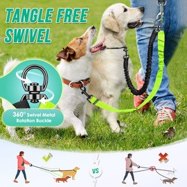 SlowTon Double Dog Leash Coupler, No Tangle 360° Swivel Dual Leashes for Walking 2 Dogs, Adjustable Length Reflective Splitter Leash for Training, Small, Medium & Large Two Dogs(Black&Green)