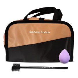 Get Prime Products Cosmetics Toiletry Portable Waterproof Travel Professional Pouch Organizer Makeup Bag with Eyelash Brush and Foundation Blending Microfiber Makeup Sponge