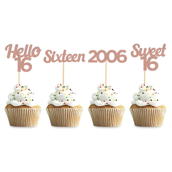 Keaziu Paquete de 36 adornos para cupcakes, diseño de Hello 16 cupcakes, color oro rosa, 16 unidades, 16 cupcakes de dieciséis años de edad desde el año 2000, decoraciones de cumpleaños, celebración, fiestas