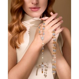 Mondo Cattolico Rosary Beads, Our Father Pearl Beads Round Enameled St. Benedict Centerpiece and Crucifix - Rosarios Catolicos Rosary Beads Necklace in Paesina Stone.
