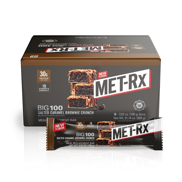 MET-Rx Big 100 Protein Bar, Meal Replacement Bar, 30G Protein, Salted Caramel Brownie Crunch, 9 Count, 3.52 Oz.