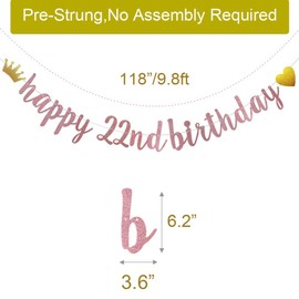Happy 22nd Birthday Banner, Pre-Strung,Rose Gold Glitter Paper Garlands for 22nd Birthday Party Decoratiopns Supplies, Letters Rose Gold,ABCpartyland