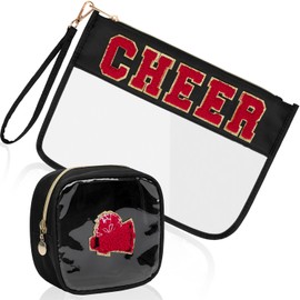 Aintmax 2Pcs Clear Cheer Bag Chenille Varsity Letter Makeup Bag Preppy Patch Pouch Waterproof PVC Toiletry Organizer Flat Travel Cosmetic Bag Cheerleader Gifts for Women Girls(Cheer-Black)
