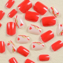 Valentine's Day Press on Nails Short Red Press on Fake Nails with Red Heart & Golden Lines Designs Red French Tip Nails Press ons Glossy Glue on Nails Full Cover Stick on Nails for Women 24Pcs