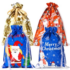 4pcs 29×43cm Christmas Red Blue Gold Gift Bags,Drawstring Ribbon Plastic Xmas Large Size Bags for Christmas Delivering Shopping Birthday Present Party Decorations