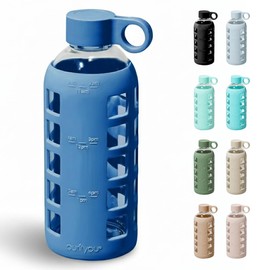 purifyou 40oz / 32oz / 22oz / 12oz Borosilicate Glass Water Bottle with Time & Volume Markers, Silicone Sleeve, Stainless Steel Lid | Reusable Glass Bottle for Water & Juice (22oz Chinese Porcelain)