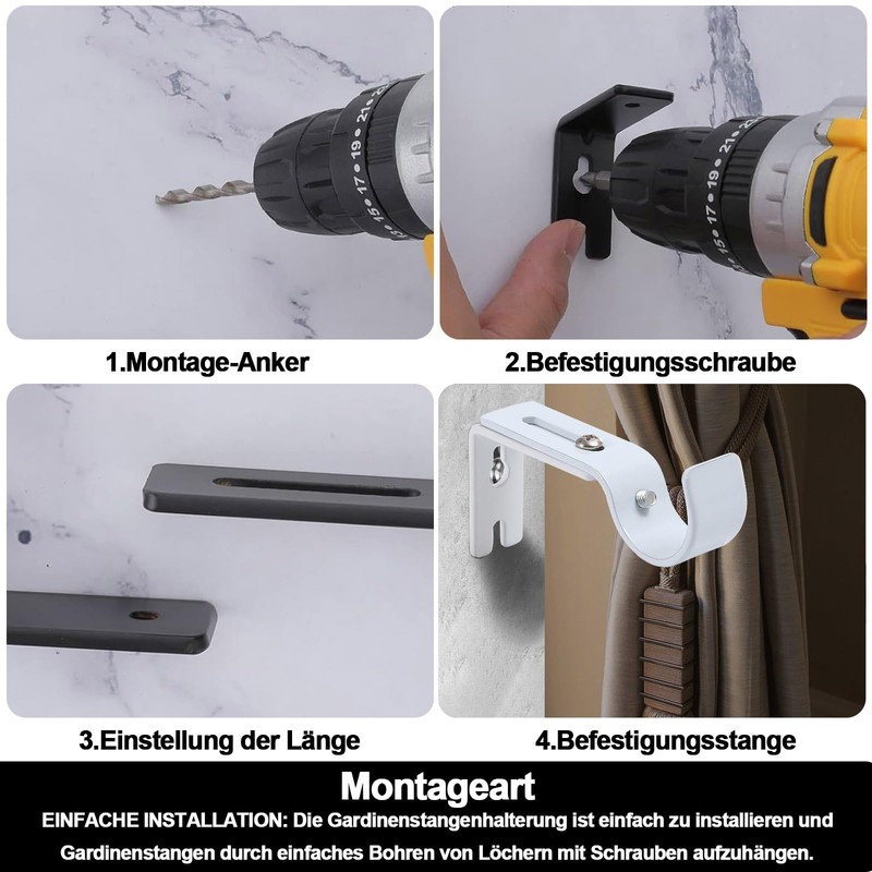 Adjustable Curtain Pole Holder, Pack of 4, Adjustable Wall Bracket,