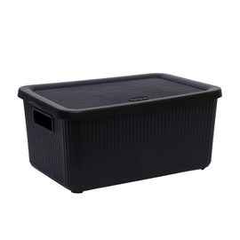 JMS we create smile (Set of 3) 7L Litre Plastic Storage Box With Lid & Handles Utility Stackable Basket Container Lidded Bins Decorative Household Organiser Cosmetics Shelves (Black)