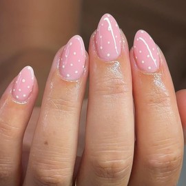 SXVME Uas postizas acrlicas gruesas, diseo almendrado corto, 30 unidades en rosa beb con un bonito diseo de lunares blancos, reutilizables, con pegamento de gel suave para bodas.