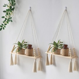 Dremisland Set of 2 Macrame Wall Shelves, Wooden Hanging Shelves, Boho Wall Decoration, Cotton Rope with Wooden Beads, Tassels, Floating Shelf, Plant Shelf, Wall Shelf, Balcony, Living Room, Bedroom,