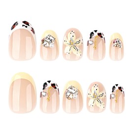 Short Press on Nails Almond Fake Nails French Tip False Nails with 3D Flower and Rhinestones Designs Glossy Leopard Glue on Nail Fall Cute for Women 24pcs 1