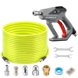 M MINGLE Sewer Jetter Kit for Pressure Washer 100 FT, Drain Cleaner Hose with Power Washer Gun, 1/4 Inch NPT Corner Rotating and Button Nose Sewer Jetting Nozzle, Orifice 4.0, 4.5