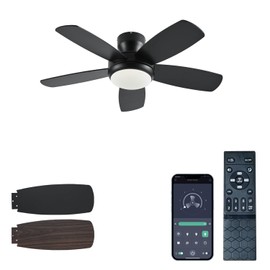 KNUN 42 Inch Ceiling Fan with Light and Remote/App Control, Low Profile Ceiling Fans with Lights,Flush Mount, Double-sided Blades, 3CCT, Dimmable, Noiseless, Black Ceiling Fan for Indoor/Outdoor Use