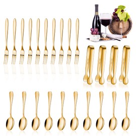 Cunhill 24 Pcs Charcuterie Accessories Mini Cocktail Tongs Small Serving Spoons and Appetizer Forks Stainless Steel Tongs Charcuterie Utensils for Valentine Party Supplies(Vivid Sharp Spoon,Golden)