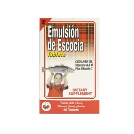 EMULSION DE ESCOCIA Cod Liver Oil, Dietary Supplement, Vitamins A, B1, D and E, Immune System Support, Cherry Flavor (60 Tablets/Pack of 1)