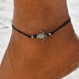 Erimberate Bohemian Sea Turtle Anklet Bracelet Black Woven Rope Ankle Bracelet Silver Metal Turtle Chain Anklet Adjustable Wax Cord Anklets Summer Beach Foot Chain Jewelry for Women