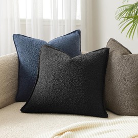 JUSPURBET 2 Pack Black Boucle Pillow Covers 16x16 Inch Decorative Textured Throw Cushion Covers for Couch Bed Sofa with Stitching Machine Washable Home Decor