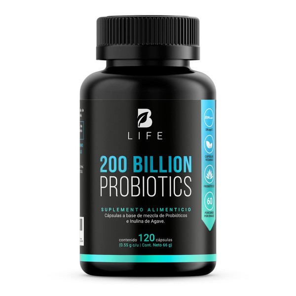 200 Billones de Probióticos 120 Cáp 11 diferentes Cepas. Cápsulas Veganas de liberación retardada. Ingredientes naturales. 200 Billion Probiotics Platinum B Life.