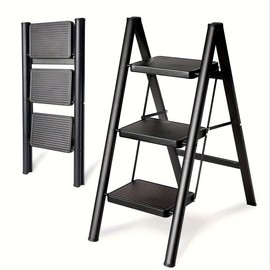 Heemab 3-Step Folding Aluminum Step Ladder, Lightweight Non-Slip Pedal, 300 lb Capacity, Portable Design, Black