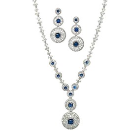 Treasure Bay Elegant CZ Crystal Jewellery Set for Women, Rhodium Plated Necklace and Earrings, Circle Drop Design – Bridal, Evening, Prom, Gift (Blue)