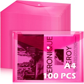 MotiMind 100 Pcs Clear Envelopes with Snap Button Closure Bulk A4 Letter Size Clear Plastic Envelope Folder Document Organizer File Folders for Office Home(Pink)