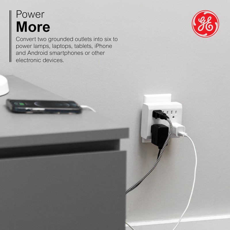 GE 6-Outlet Extender Surge Protector, Tamper-Resistant Safety Outlets, Automatic Shutdown