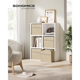 SONGMICS Storage Cubes, Set of 4 Cube Storage Bins, 13 x 13 x 13 Inches, 2 Handles, Oxford Fabric and Linen-Look Fabric, Easy to Clean, Foldable, Metal Label Holders, Sand Beige UROB233Y04