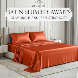 DECOLURE Satin Bed Sheets - 4 Piece Luxury Silky King Size Bedding Set - Softer Than Silk, Wrinkle-Free with 15” Deep Pocket Fitted Sheet, Perfect for Hair & Skin, Gifts for Women (Burnt Orange)