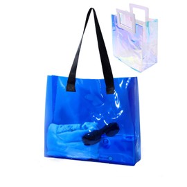 Woeoe Large Plastic Beach Tote Bags Blue Waterproof Tote Bags Iridescent Shoulder Handbag for Shopping Work Travel