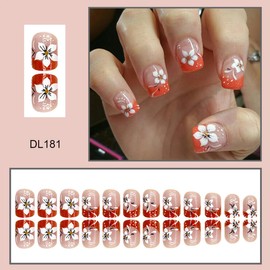 Short Shape Press on Nails Square Fake Nails Cute Flower False Nails Glossy Acrylic Nails Orange French Tips Stick on Nails with Design Full Cover Spring Glue on Nails for Women DlY Manicure 24pcs