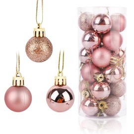 24pcs Christmas Ball Ornaments, Rose Gold Christmas Balls Decorations in 3 Styles Plastic Christmas Ornaments Balls with Lanyards Xmas Tree Hanging Balls Decor