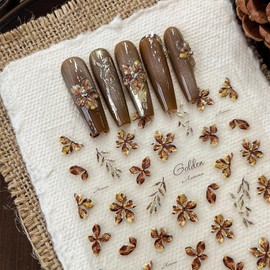 2 Sheets Fall Flower Nail Stickers for Nails Art, 5D Brown Leaf Flower Nail Art Stickers Autumn Nail Decals Self-Adhesive Design Fall Nails Supplies for Women Manicure Accessories