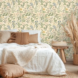 VEELIKE Cream Cottage Floral Peel and Stick Wallpaper Vintage Meadow Flower Wallpaper for Bedroom Girls Room Bathroom 17.7''x118'' Removable Wall Paper Floral Contact Paper for Cabinets Shelves Drawer