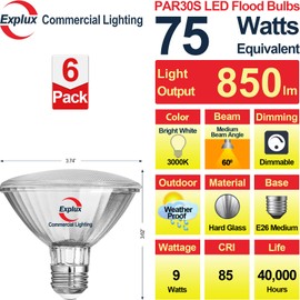 Explux Commercial-Grade LED PAR30 Short Neck Flood Light Bulb, 75W Equivalent 850 Lumens, 40000 Hours, Dimmable, Full-Glass Weatherproof & Anti-Ageing, Bright White 3000K, 6-Pack