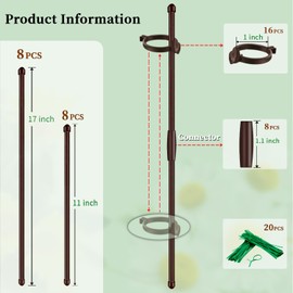 Plant Stakes 17inch &11inch,SupKing Adjustable Length Flower Support Stake 16Pcs Orchid Stick with Clips for Indoor Outdoor Garden Potted Tomato Rose Amaryllis Vegetables Comes with 20 Ties