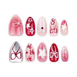 TENPAL Red Nails Acrylic Press on Nails Short Almond Detachable Gel Fake Nails With Designs Sweet Ins Style Bow Star Blush 24pcs/Box Glue on Nails Short Sweet Cool Girls Y2k False Nails Tips For Women