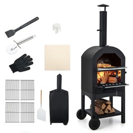 CHEFJOY Pizza Oven Outdoor, Wood Fired Pizza Oven with Pizza Stone, Pizza Peel, Waterproof Cover, Cooking Grids, Portable Pizza Maker on Wheels for Backyard Party BBQ