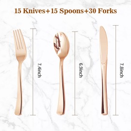 BESTVIP BESTVIP 60PCS Rose Gold Plastic Silverware, Rose Gold Disposable Utensils, Heavy Duty Cutlery Set of 30 Rose Gold Forks, 15 Rose Gold Spoons, 15 Rose Gold Knives for Parties, Weddings, Catering