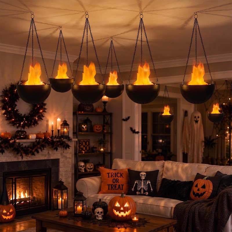 8 Pcs Halloween 3D Fake Fire Lamp 110vArtificial Hanging LED